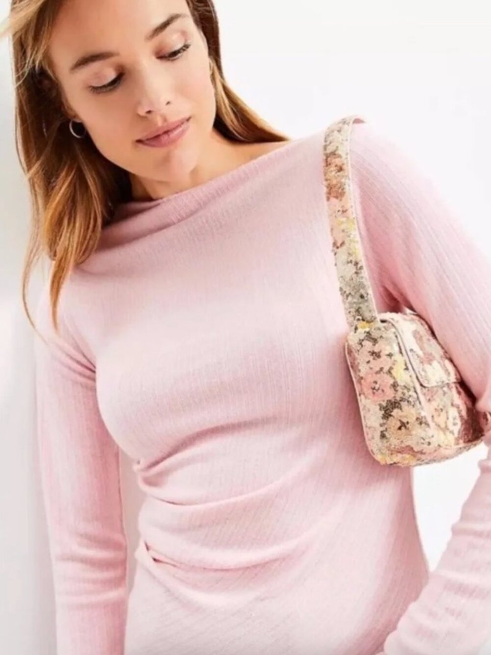 LOFT Cozy Ribbed Asymmetric Neck Top Pink Salt Size Large